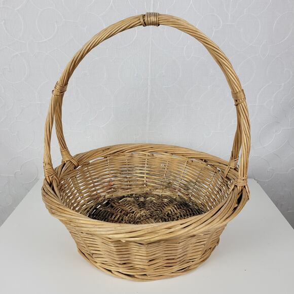 Vintage Wicker Basket Tan Natural Woven Rattan Round Handle Farmhouse Decor - Picture 10 of 16
